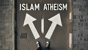 A person looks down at the ground. On the ground are two arrows that are marked with "Islam" and "Atheism". 