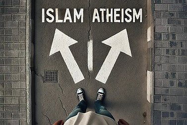 A person looks down at the ground. On the ground are two arrows that are marked with "Islam" and "Atheism". 